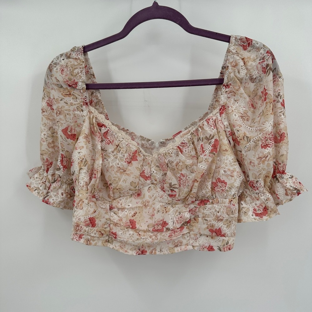 Womens Coquette Fairy Cropped Top Sz L Floral Romantic Boho Milkmaid Shabby Chic